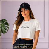 تیشرت کراپ سفید یقه گرد مینیمال زنانه با چاپ مشکی Camila Lima