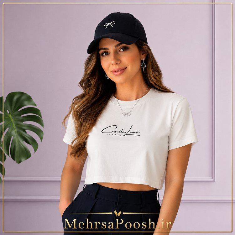 تیشرت کراپ سفید یقه گرد مینیمال زنانه با چاپ مشکی Camila Lima